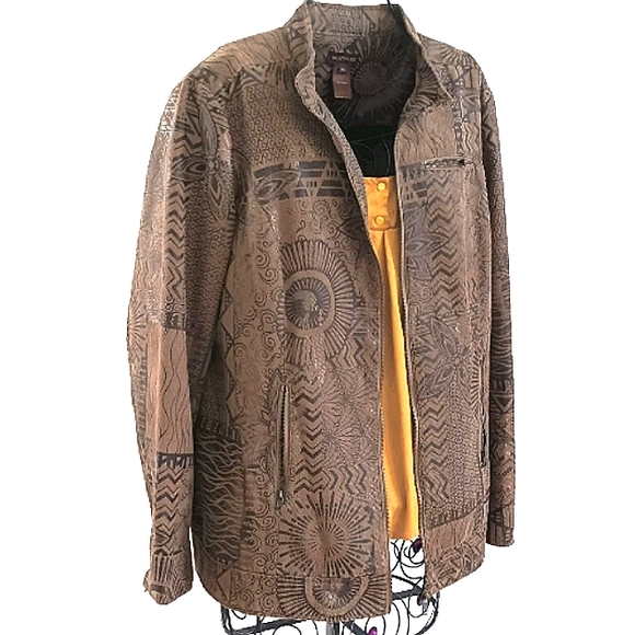 Multiples Subtle Gold Print Front Zipper Jacket 3 Front Pockets Size XL Brown - Picture 1 of 16